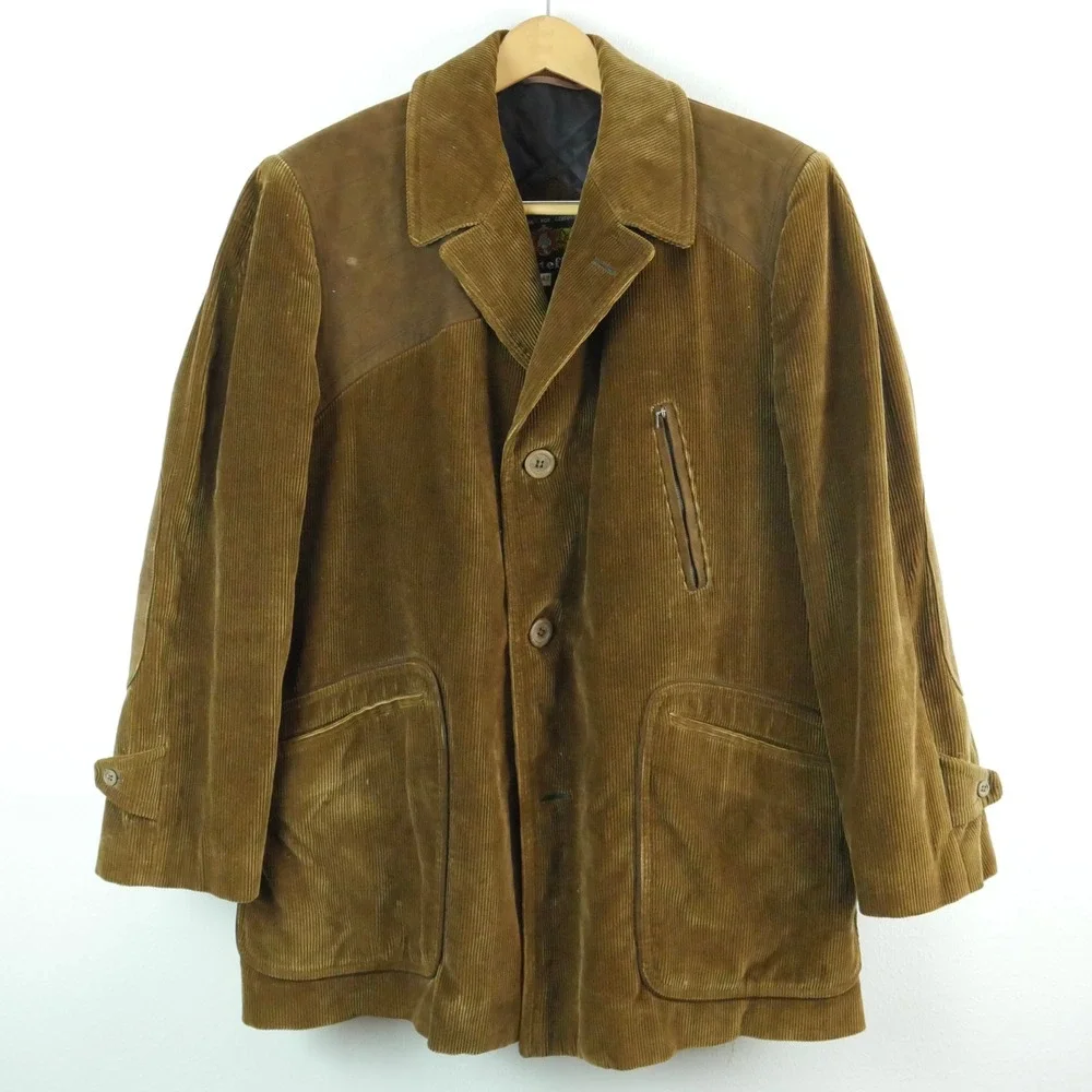 Vintage Cortefiel Corduroy Shooting Jacket Brown Suede Patch Hunting Coat 42